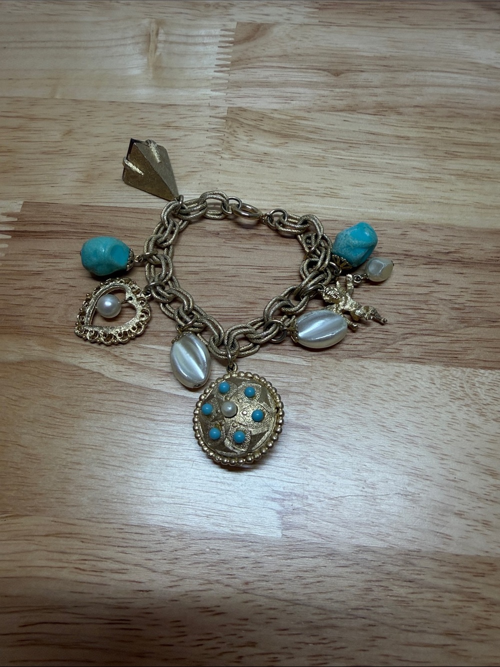 Vintage Gold-Tone Turquoise Angel Heart Charm Bracelet